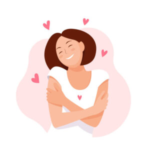 Love yourself. Love your body concept. . Take time for your self. Woman hugging herself with hearts on white background. Pastel pink cute soft colors